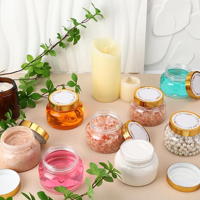 32 Pack 8 oz Plastic Tuscany Jars with Gold Lids, Body Butter Jars Clear Empty Refillable Round Cosmetic Containers with Labels Marker Pens for Creams, Lotions,Sugar Scrubs,Candy,Bath Salt