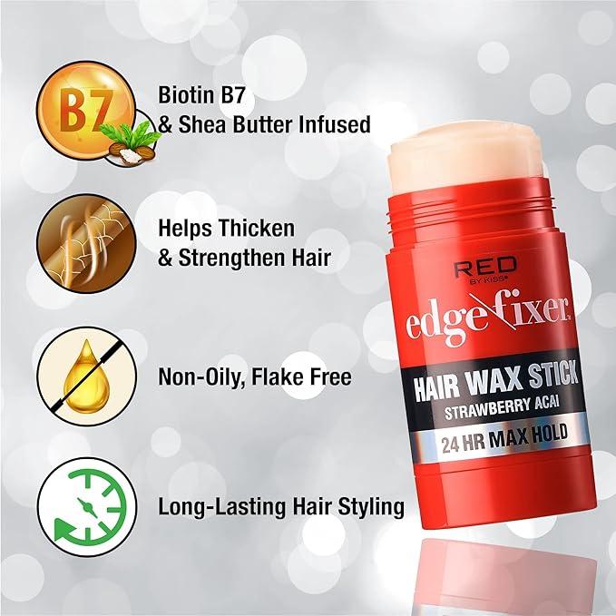Red by Kiss Hair Wax Stick 24HR Max Hold Edge Fixer Edge Control Pomade Non-Sticky, Non-Oily Flake Free Hair Styling Wax (Strawberry Acai)