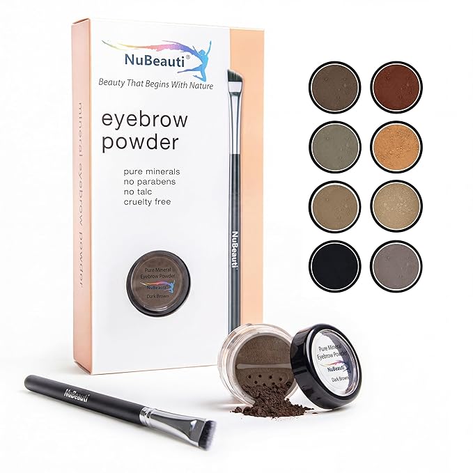 Mineral Eyebrow Powder by NuBeauti - Natural Brow Makeup Kit with Angled Contour Brush for Precision Sculpting to Color Eyebrows Precisely for Beautiful Perfect Professional Brows - (Dark Brown)