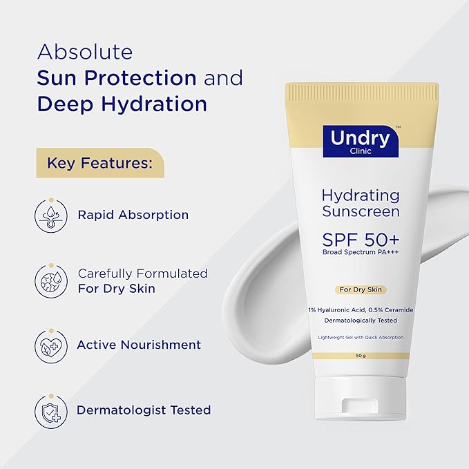 Undry Hydrating Sunscreen for Dry Skin Lightweight, Photostable Sunscreen SPF 50 Broad Spectrum Sun Screen Protector SPF 50 Sunscreen Sun Cream with HA & Ceramide (50gm/1.7 Oz)