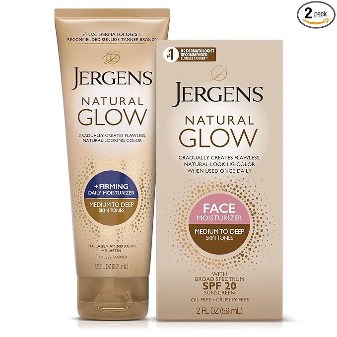 Jergens Natural Gradual Glow Bundle Pack: Daily Moisturizer +Firming 7.5fl oz and SPF20 Face Moisturizer 2fl oz, Medium to Tan