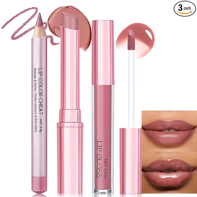 Nude Pink Lip Kit - Matte Lipstick Cream Lip Liner and Gloss Set High Pigment Plumping Lip Pencil Moisturizing Lightweight Liquid Lipstick Smooth Buildable Long Lasting Lip Combo Makeup