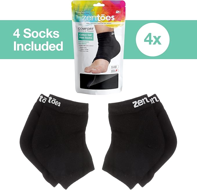 ZenToes Moisturizing Socks for Cracked Heel Treatment, Vitamin E, Olive Oil and Jojoba Oil Infused Heel Socks, Spa Gifts for Women, Mothers Day Gifts (Cotton Black, Wide Width)