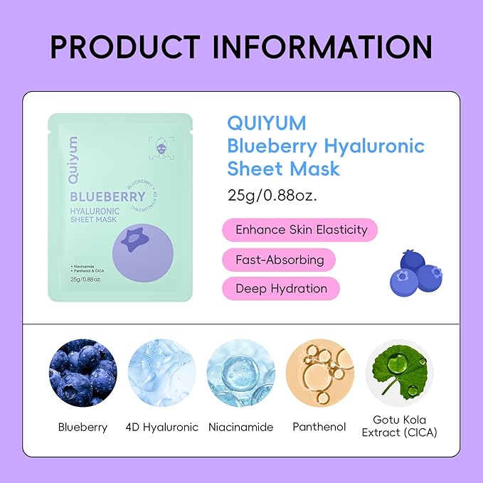 QUIYUM 14 Pack Blueberry Sheet Mask - Hydrating Facial Masks for All Skin Types, Skincare Set, Spa Gift for Women & Teens