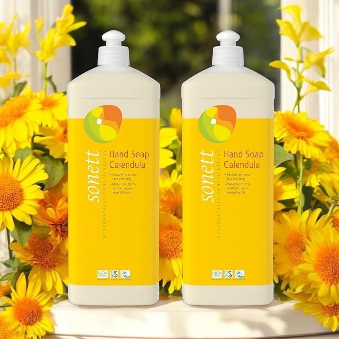 Sonett Organic Hand Soap Calendula – 34 fl oz 1 L Natural Liquid Hand Wash for Sensitive Skin | Biodegradable, Non-Toxic, Eco-Friendly, Plant-Based, Chemical-Free, Gentle Moisturizing Soap