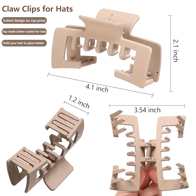 4 Pcs Large Hats Claw Clips for Women, Hat-Friendly Hair Clips for Trucker Hats and Baseball Caps, Matte Non-Slip Strong Hold Hair Claw Clips for Thick Thin Hair