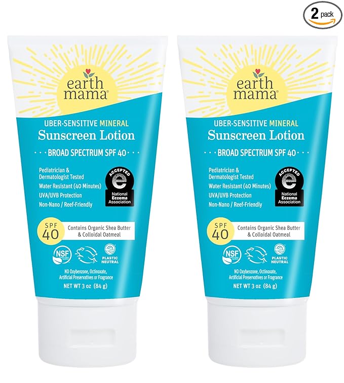 Earth Mama Uber-Sensitive Mineral Sunscreen Lotion SPF 40 | Non-Nano Zinc, Contains Organic Colloidal Oatmeal | Steroid-Free Eczema Cream for Baby, Kid & Family, 3-Ounce, 2-Pack