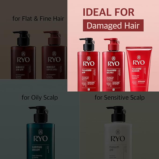 RYO Damage Care & Nourishing Shampoo with Korean Ginseng & Caffeine - Repair and Moisturizing, Anti Loss Care, Strengthening hair roots, 16 Fl Oz.
