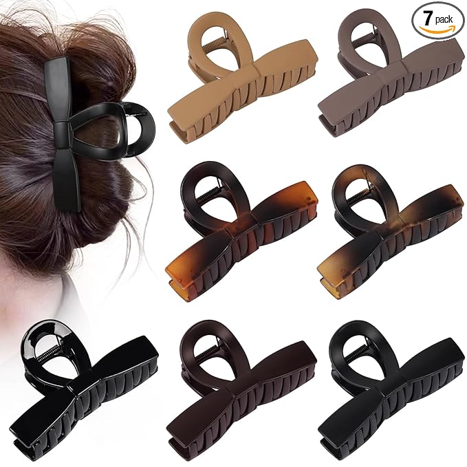 Fashion Bow Hair Claw Clips, 7 Pack 4.1 Inches Non-Slip Large Hair Clips for Women, Matte Tortoiseshell and Neutral Colors Hair Bows for Thick Thin Hair