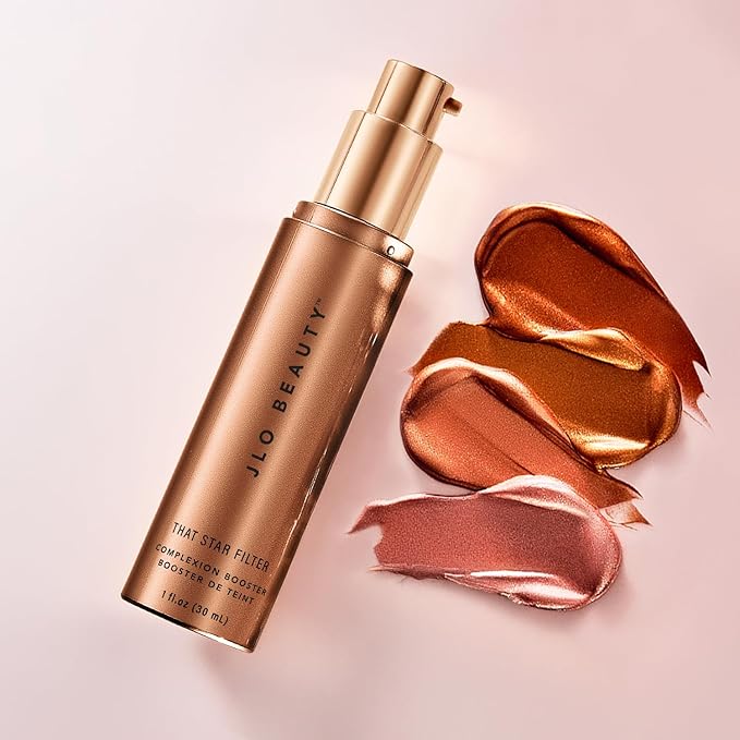 JLO BEAUTY Makeup Highlighter & Bronzer for Face & Body, Liquid Complexion Booster, Illuminating Primer Glow Drops with Vitamin E, Sheer Dewy Skin Tint, That Star Filter, Rose Gold, 1 Fl Oz