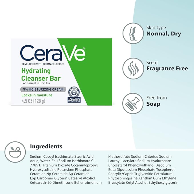 CeraVe Hydrating Cleanser Bar - Soap-Free Body and Facial Cleanser with 5% Moisturizing Cream - 4.5 Ounce Bar,(Pack of 2)
