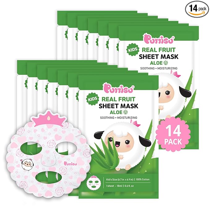 Puttisu Real Fruit Facial Mask Sheet for Kids, Children - Made with 100% Cotton, Moisturize, Sooths and Hydrates Skin (Aloe - Pack of 14)