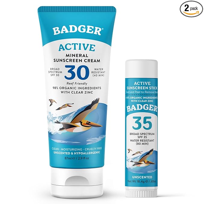 Badger Mineral Sunscreen Combo, SPF 30 Cream & SPF 35 Face Stick, Organic Ingredient with Mineral Zinc Oxide, Unscented Reef Safe Sunscreen Set, Broad Spectrum, Water Resistant, 2-Count