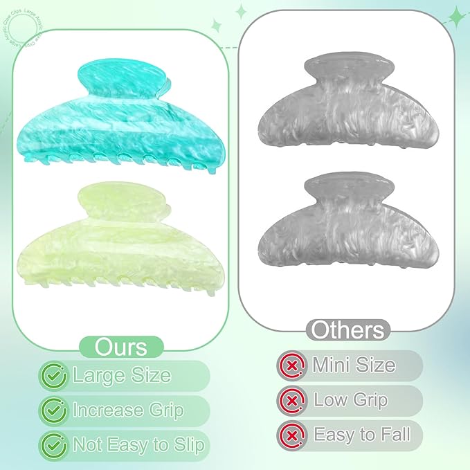 4.2 Inch Large Acrylic Claw Clips, Cute Green White Blue Hair Clips Strong Hold Hair Claw Barrettes for Thick Thin Hair, 4 Pack Stylish French Hair Accessories for Women Girls