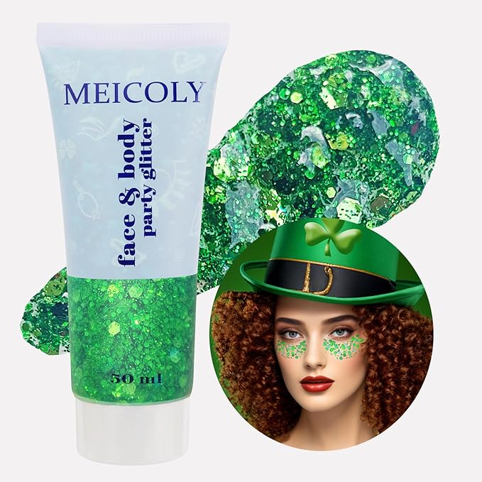 MEICOLY Green Face Body Glitter,St Patricks Day Chunky Hair Glitter for Women Kids,Self-Adhesive Holographic Green Accessories Irish Parade Makeup,Spirit Day Wear,Alien Costume,Festival Rave Outfits
