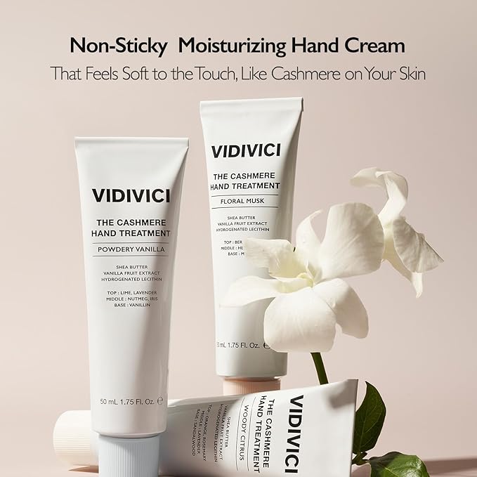 VIDIVICI Cashmere Hand Treatment, Korean Perfume Hand Cream, Deep Hydration with Shea Butter, Lightweight Fast-Absorbing Formula, Powdery Vanilla Scent, 1.75 fl.oz