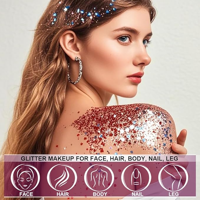 Face Body Glitter Gel Shimmer Makeup for Hair Clavicle Arm Nail Eyeshadow, Long Lasting Waterproof Holographic Mermaid Sequins for Outfit Rave Festival Party, 1.35oz, Flag Shade