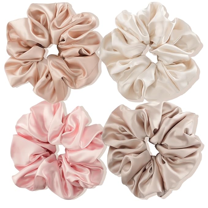 Lolalet Big Satin Scrunchies for Women, 5.9 Inch Large Oversized Scrunchie, Soft Jumbo/Giant Scrunchies Hair Ties for Thick & Curly Hair -4 Pack, Light Caramel/Champagne/Pink/Khaki