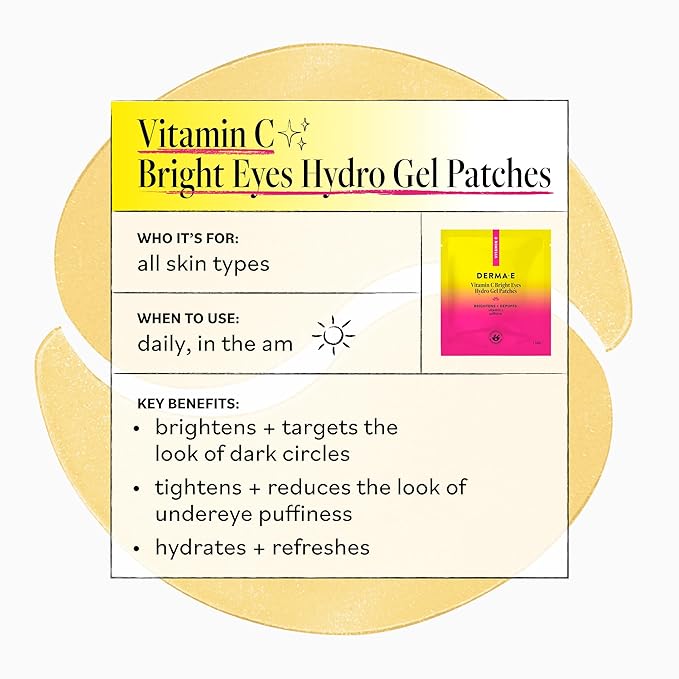 Derma E Vitamin C Bright Eyes Hydro Gel Under Eye Patches for Dark Circles (10 Ct, 5 Pairs) Allantoin, Caffeine & Vitamin B3, Eye Patches for Fine Lines, Wrinkles, Dark Circles & Puffy Eyes