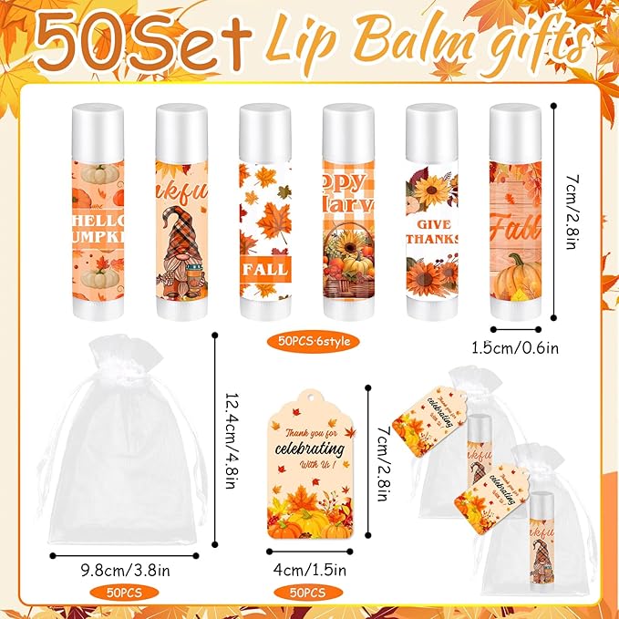 50 Set Fall Gifts Lip Balms Bulk Fall Party Favors 6 Assorted Flavors with 50 Organza Bags and Cards Autumn Pumpkin Maple Leaf Chapstick Thanksgiving Gifts for Women Men Coworkers Guest