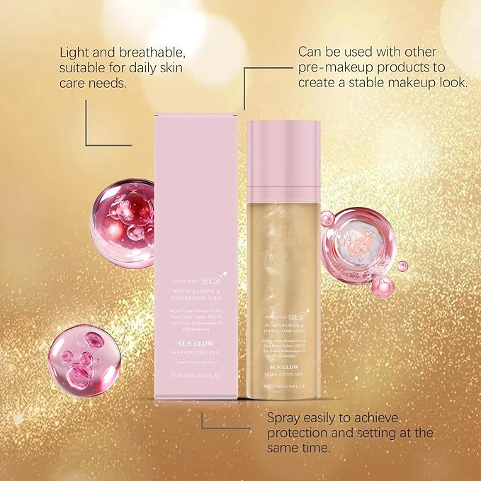 2 Pcs Sheer Setting Mist Sunscreen SPF 50, Broad Spectrum Shimmering Body Oil Mist for Face & Body, Hydrating Makeup Glow Spray, Reef-Safe, Non-Greasy & Fast-Absorbing