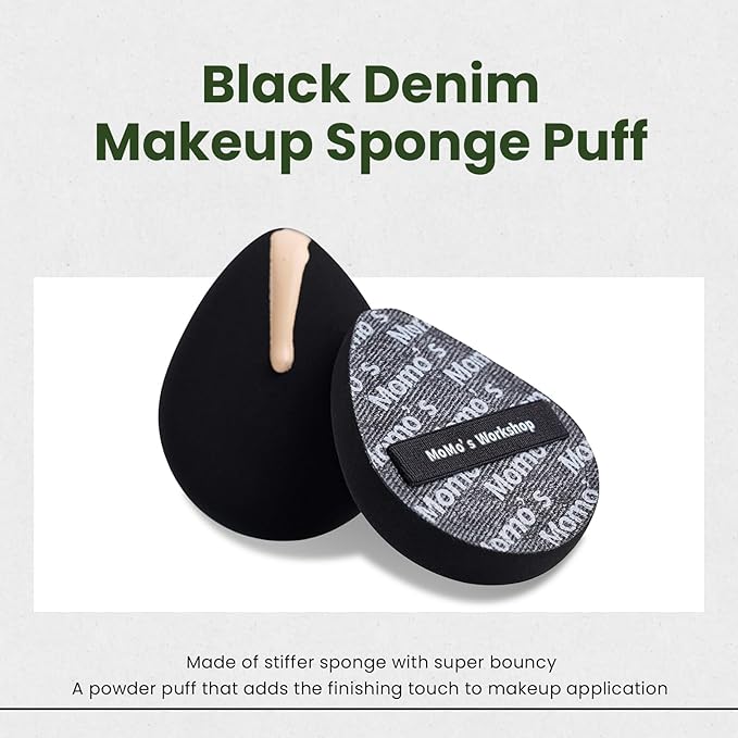 Momo's Workshop Black Denim Makeup Sponges,Blender Sponges for Foundation & Concealer, Non-Absorbent Rubycell, Large Beauty Sponge,Makeup on Details Targeted, Travel Friendly & Reusable,2pcs
