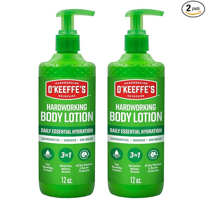 O’Keeffe’s Hardworking Body Lotion, Daily Hydration for Dry Skin, 12 oz Pump (2 Pack) Non Greasy & Unscented, Lightweight Fast Absorbing Formula