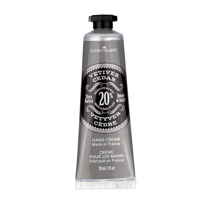 La Chatelaine 20% Shea Butter Hand Cream Travel Size, Men, Unisex, Organic Argan Oil, Moisturizing, Nourishing, Extra-Rich Hand Lotion, Made in France, Paraben Free, 1 oz / 30ml (Vetiver Cedar)