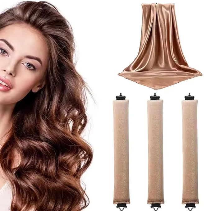 Heatless Curls Overnight Set, Overnight Blowout Rods, 3Pcs Jumbo Satin Hair Rollers to Sleep In, No-Heat Flexi Rods for Long Thick Hair, Soft No Damage Curling Rods for All Hair Types (Khaki)