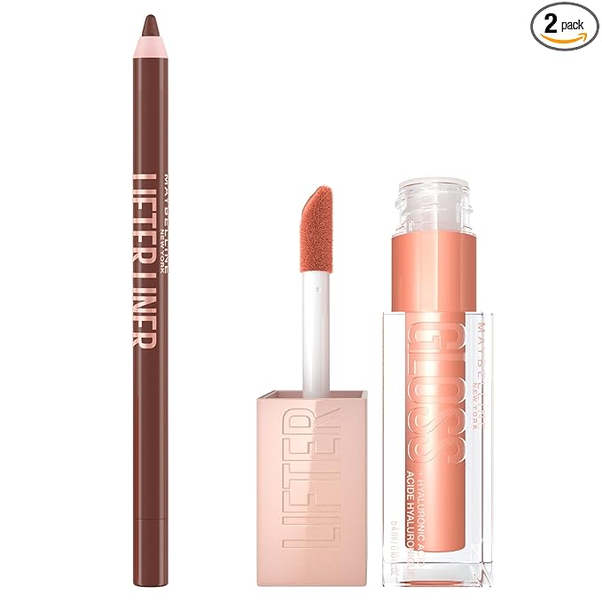 Maybelline Lifter Gloss and Lifter Liner Bundle, Lip Gloss and Lip Liner in Shades Amber and Cross The Line, Pack of 2