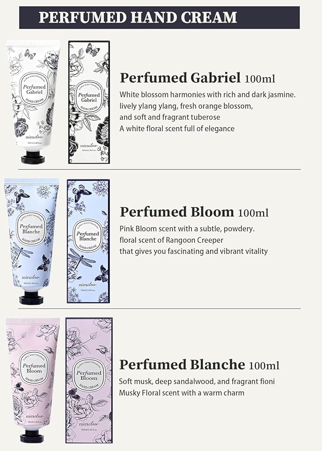 MIRACLAIR Perfumed Hand Cream Set – Long-Lasting Fragrance, Wrinkle Care & Moisturizing, with Shea Butter & Adenosine, Hypoallergenic, 3 Scents (White Floral, Pink Bloom, Musky Floral) – 100ml Each