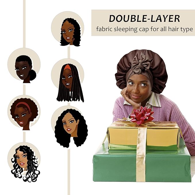 AWAYTR Satin Bonnet for Women, 2-Layer Large Sleep Cap with Adjustable Drawstring, Brown Includes 3 Hair Scrunchies