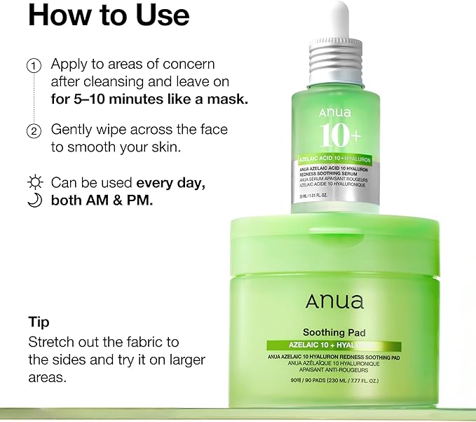 ANUA Azelaic Acid 10 Hyaluronic Acid Soothing Toner Pads, Hydrating Facial Mask for Redness, Pore & Blemish Care, Quick & Easy Stretchable Formula, Korean Skincare, 90 Pads