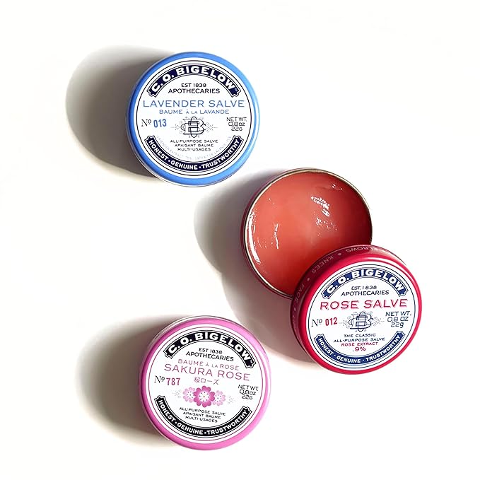 C.O. Bigelow Assorted Salve Tins, Pack of 3 Lip Balm Tins, Rose, Lavender, and Sakura Rose All Purpose Salve for Lips, Cuticles, Hands & Dry Skin, Lip Balm Set, 0.8 oz
