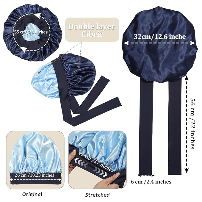Reversible Satin Bonnet for Women with 3PCS Hair Scrunchies Tie Band Hat for Sleep Large 2 Layered Silk Nightcap (Reversible (Navy/Lake Blue))