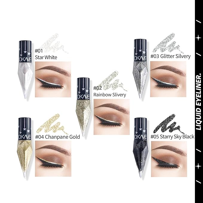 Glitter Liquid Eyeliner Colorful Set,5 Colors Metallic Shimmer White Black Silver Gold Grey Eyeliner Waterproof Long Lasting Sparkle Glitter Liquid Eyeshadow Dazzling Mother's Day Eye Makeup for Women
