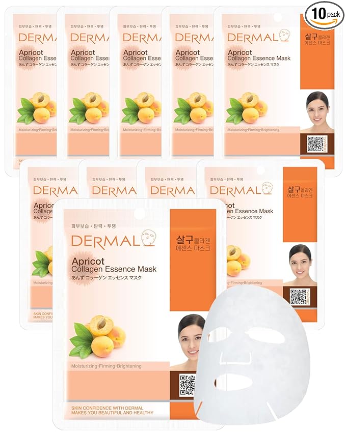 DERMAL Apricot Collagen Essence Korean Facial Mask Sheet Pack of 10 - Nourishing, Revitalizing Complexion, Skin Glow - Hypoallergenic Skin Friendly Sheet
