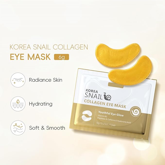 5 Pairs Snail Collagen Eye Mask, Under Eye Patches Collagen Pads with Peptides & Hyaluronic Acid, Hydrating & Smoothing, Reduces Puffiness Dark Circles & Fine Lines, Radiance Skin