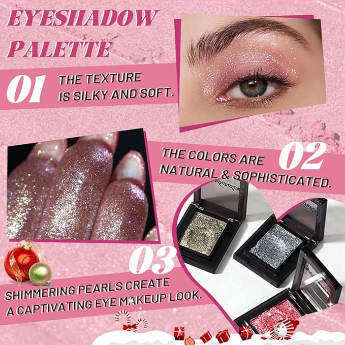 HHLTOHPressed Single Eyeshadow Makeup, Sparkle Highly Pigmented Monochrome Eye Shadow Palette, Waterproof Neutral Powder, sombras para ojos, Lightweight Blendable, #01 Light Pink+#04 Rose Gold