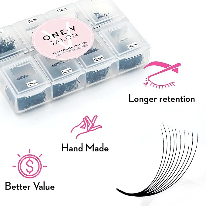 One V Salon, 1000 Loose Professional Use Premade Fans Eyelash Extensions, D Curl Volume Lashes,14D 20D 10D-0.07 Thickness, 9-16mm Fluffy Handmade Fan Mixed Tray