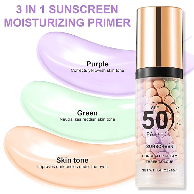 3 in 1 Color Correcting Serum, SPF Primer for Face Before Makeup, Sunscreen One Step Makeup Primer,SPF 50 PA+++ Isolation Cream,Color Correcting Facial Serum Oil Control & Moisturizing (1PCS)
