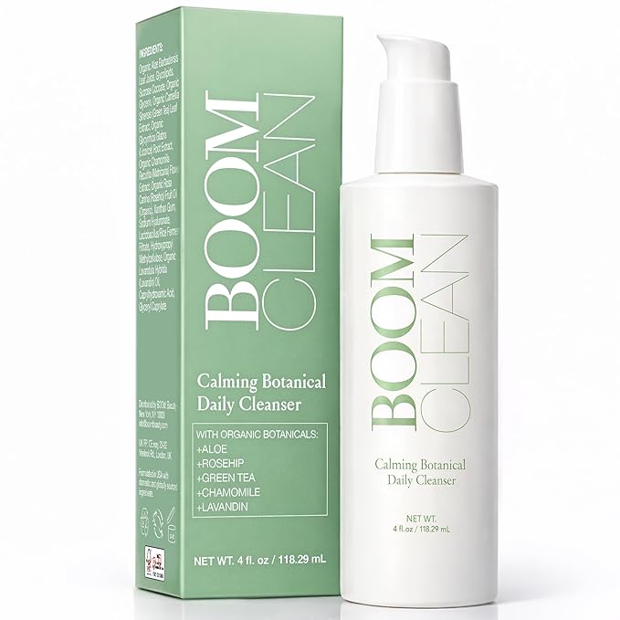 Boom Clean® Face Wash for Women | Calming Botanical Gentle Daily Facial Cleanser | pH-Balanced, Microbiome-Friendly Formula | Hydrating Aloe, Chamomile & Green Tea | Vegan, Cruelty-Free (4 oz)