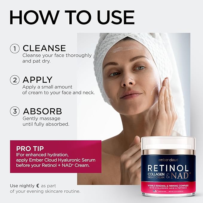 Retinol Collagen Cream for Face Retinol 1% Hyaluronic Acid Niacinamide for All Skin Types Face Moisturizer with Airless Pump Day & Night Cream - Made in USA