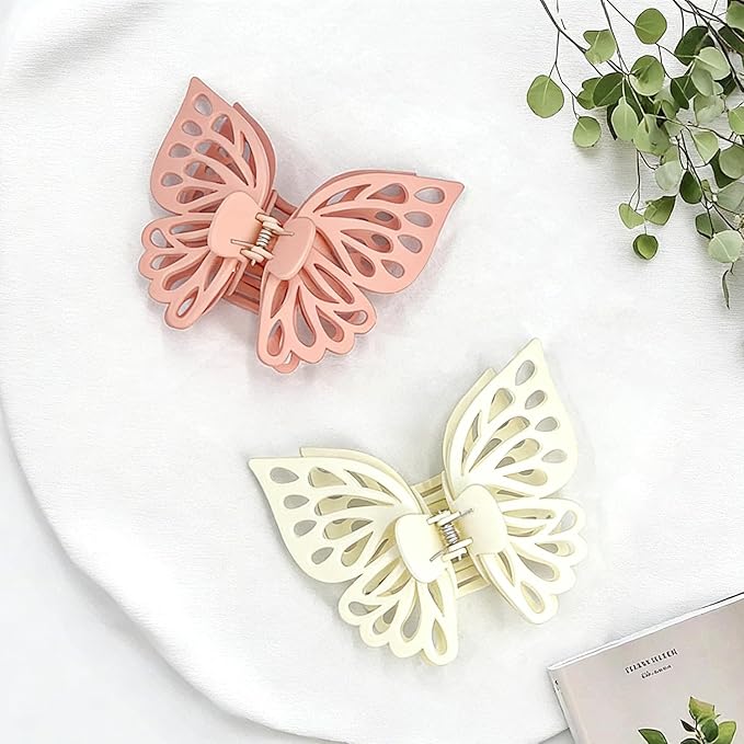 3 Pcs Large Matte Butterfly Hair Clips, Strong Hold Non-Slip Hollow Hair Clips Made to Manage Thick Hair, Multi-Color Barrettes for Women & Girls (Pink, White, Blue)