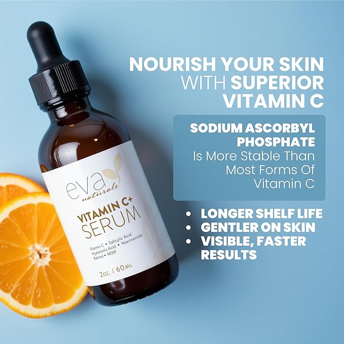 Eva Naturals Vitamin C Serum for Face – Anti Aging Dark Spot Remover & Corrector with Retinol, Hyaluronic Acid, Niacinamide & Salicylic Acid – Brightening, 1 fl oz