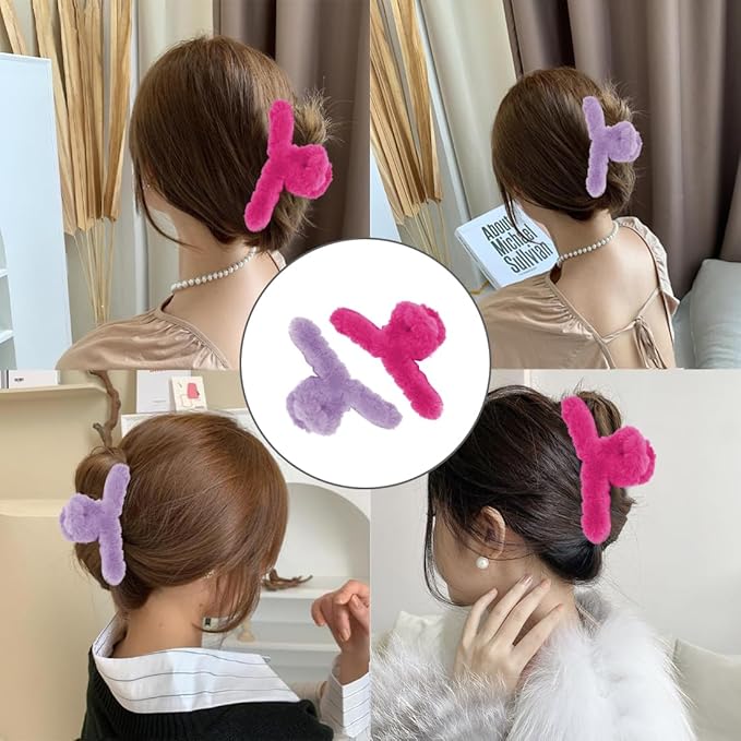Sokfone 2 Pack Fuzzy Hair Clips, Large Nonslip Fuzzy Claw Clip for Thick Hair Fur Hair Clips for Women and Girls (Rose Red, Purple）