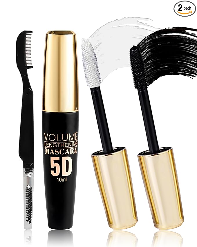 Black+White Waterproof Mascara for Eyelash, 5D Silk Fiber Lashes Extension Colored Tube Mascara with Eyelash Brush, Long Lasting Smudge-proof Volumizing Lengthening, Eye Makeup Gift for Women