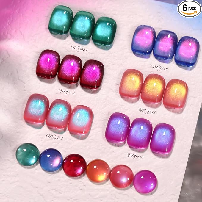 Born Pretty Spring Summer Cat Magnetic Eye Gel Nail Polish Set,Pink Blue Crystal Glass Magnetic Shimmer Glitter Gel Polish Nail Polish Manicure Salon DIY at Home 6Pcs 7ML