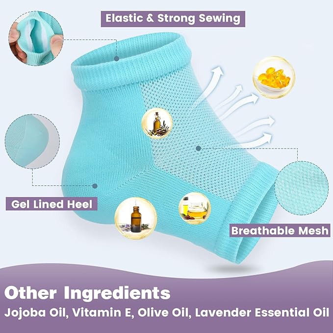 TEAWOO 5 Pairs Moisturizing Socks (2 Silicone Socks & 3 Heel Socks) for Dry Cracked Feet, Spa Gel Socks Foot Care After Pedicure, Toeless Socks to Soften and Hydrate Feet Heels