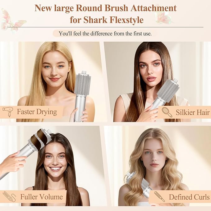 Upgraded Large Round Volumizing Brush for Shark FlexStyle Attachment, Big Round Brush Compatible with Shark Flex Style, Fast Blowouts Smooth Bends Full Volume(2in barrel, 3in with Bristles)